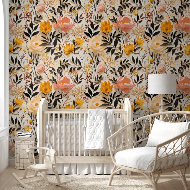 Cute Vibrant Orange White Pink Peonies Chic Floral Wallpaper (Kids)