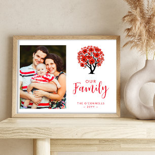 Cute Vibrant Red Floral Family Tree Photo Poster