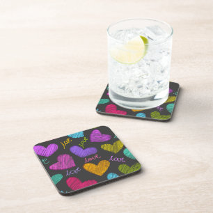 Cute Vibrant Scribbled Hearts with Love Script Coaster