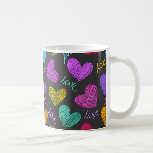 Cute Vibrant Scribbled Hearts with Love Script Coffee Mug (Right)