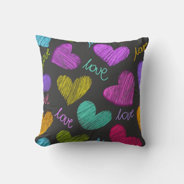 Cute Vibrant Scribbled Hearts with Love Script Cushion (Front)