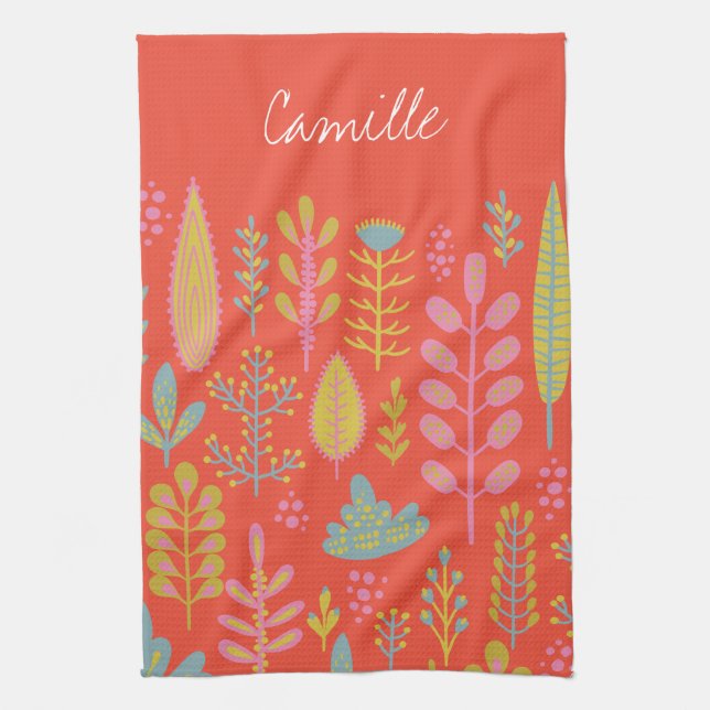 Cute Vibrant Tropical Flowers Personalised  Tea Towel (Vertical)