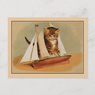 Cute Victorian cat kitten toy wooden sailboat Postcard