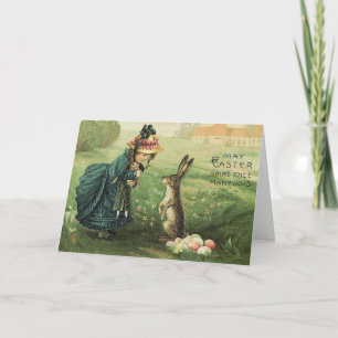 Cute Victorian Girl Doll Easter Bunny Holiday Card