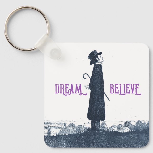 Cute Victorian Man Dream Believe Quote Key Ring (Front)