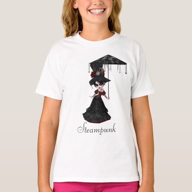 Cute Victorian Steampunk Goth Girl & Parasol T-Shirt (Front)