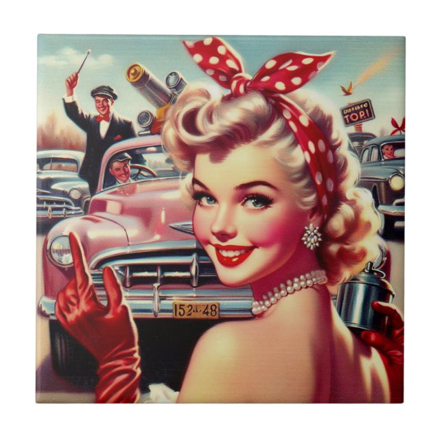 Cute Vintage 1950s Girl Ceramic Tile (Front)