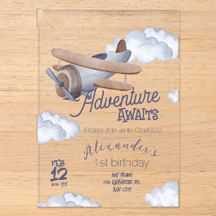 Cute Vintage Aeroplane First Birthday Adventure Aw Acrylic Invitations