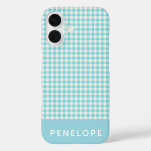 Cute Vintage Aqua Blue Gingham Plaid Personalised iPhone 16 Case