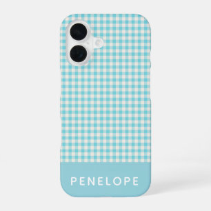 Cute Vintage Aqua Blue Gingham Plaid Personalised iPhone 16 Case