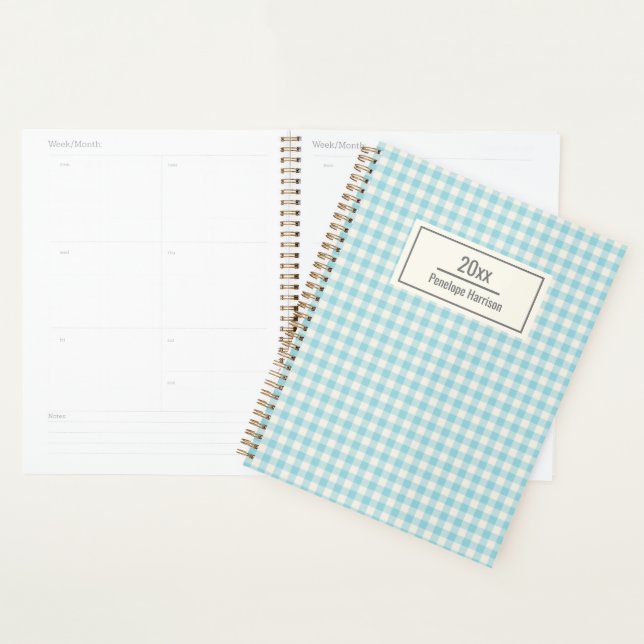 Cute Vintage Aqua Blue Gingham Plaid Personalised Planner (Display)