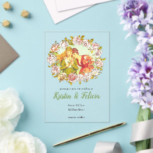 Cute Vintage Art Nouveau LGBTQ Two Brides Acrylic Invitations