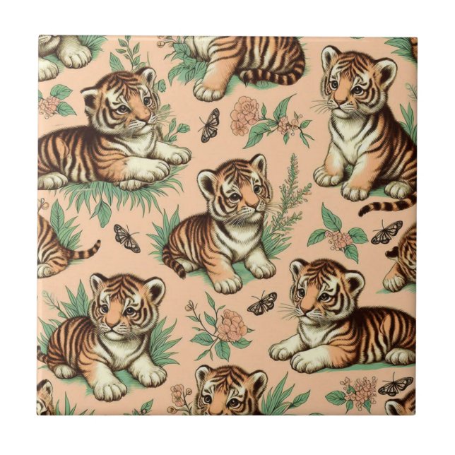 Cute Vintage Baby Tiger Pattern Ceramic Tile (Front)