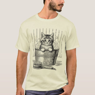 Cute Vintage Bathing Kitten  – Hand T-Shirt