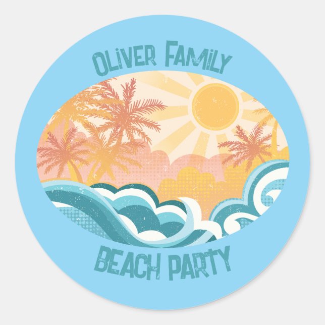 Cute Vintage Beach Waves Sunshine Blue Surf Party Classic Round Sticker (Front)
