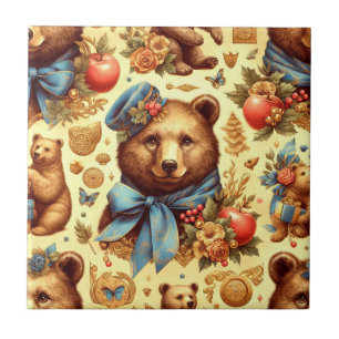 Cute Vintage Bear Watercolor Ceramic Tile