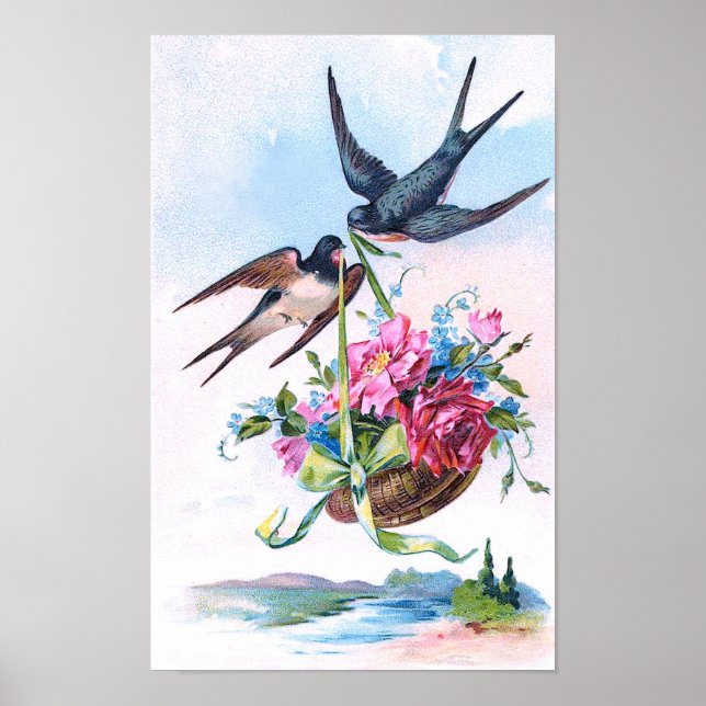 Cute Vintage Birds & Flowers Floral Poster (Front)
