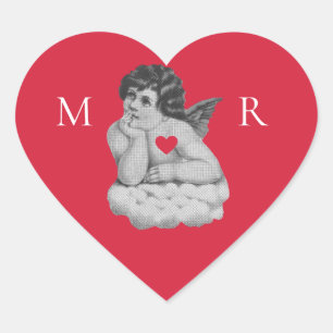 Cute Vintage Black White Cherub Angel Initials Heart Sticker