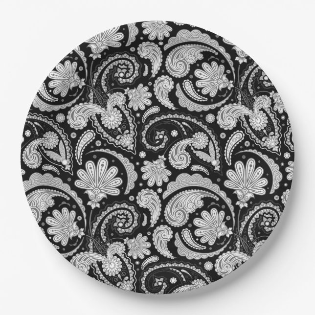 Cute vintage black white paisley patterns paper plate (Front)