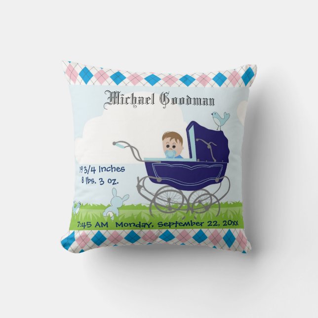 Cute Vintage Blue Baby Boy Carriage Cushion (Front)