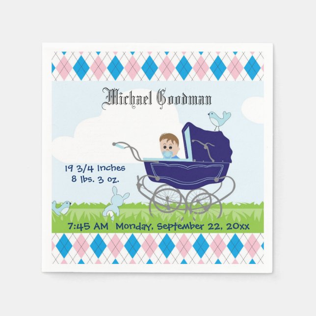 Cute Vintage Blue Baby Boy Carriage Napkin (Front)