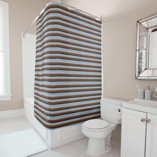 Cute vintage blue brown stripes shower curtain (In Situ)