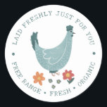 Cute Vintage Blue Farm Egg Box Classic Round Sticker<br><div class="desc">This cute vintage sticker design is perfect for your family farm packaging,  or for egg boxes. The design features a cute blue chicken illustration with bright flowers,  with ‘laid freshly just for you’ and ‘ free range,  fresh,  organic’ wrapped around the design.</div>