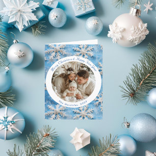 Cute Vintage Blue Snowflake Christmas Photo Holiday Card