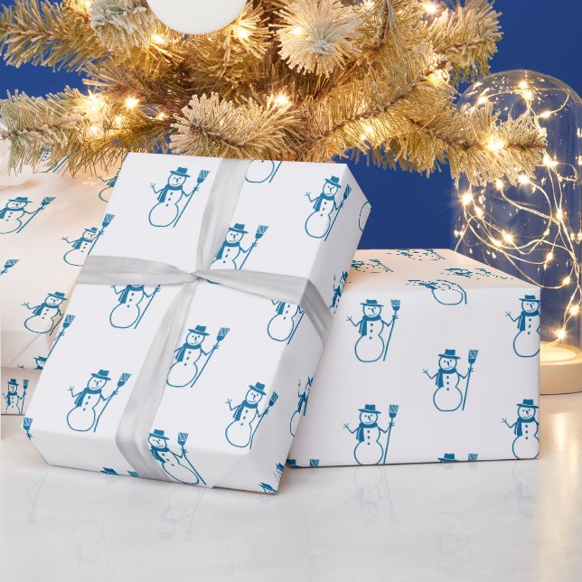 Cute Vintage Blue Snowman Drawing  Wrapping Paper (Holidays)