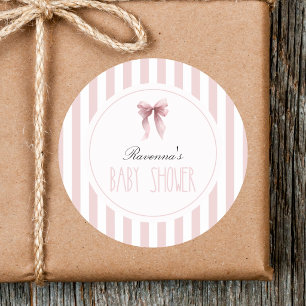 Cute Vintage Blush Bow Striped Frame Baby Shower Classic Round Sticker
