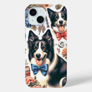 Cute Vintage Border Collie Illustration iPhone 15 Case