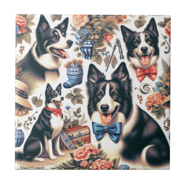 Cute Vintage Border Collie Illustration Ceramic Tile (Front)