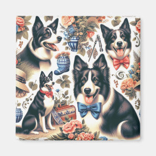 Cute Vintage Border Collie Illustration Magnet