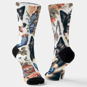 Cute Vintage Border Collie Illustration Socks