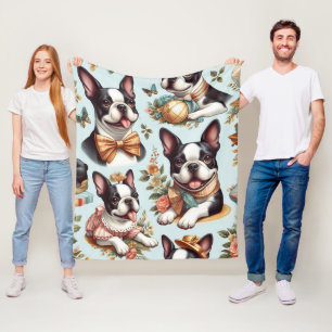 Cute Vintage Boston Terrier Illustration Fleece Blanket
