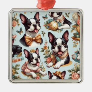Cute Vintage Boston Terrier Illustration Metal Ornament