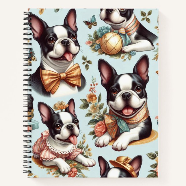 Cute Vintage Boston Terrier Illustration Notebook (Front)