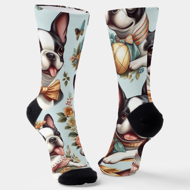 Cute Vintage Boston Terrier Illustration Socks (Angled)