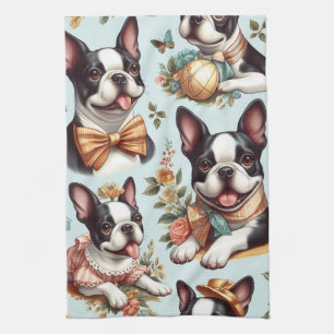 Cute Vintage Boston Terrier Illustration Tea Towel