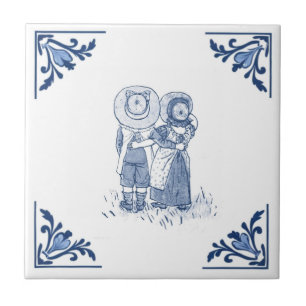 Cute Vintage Boy and Girl Delft Blue & White Ceramic Tile