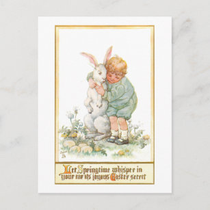 Cute Vintage Boy Hugging Easter Bunny Postcard