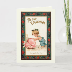 Cute Vintage Boy with Valentine Heart Holiday Card