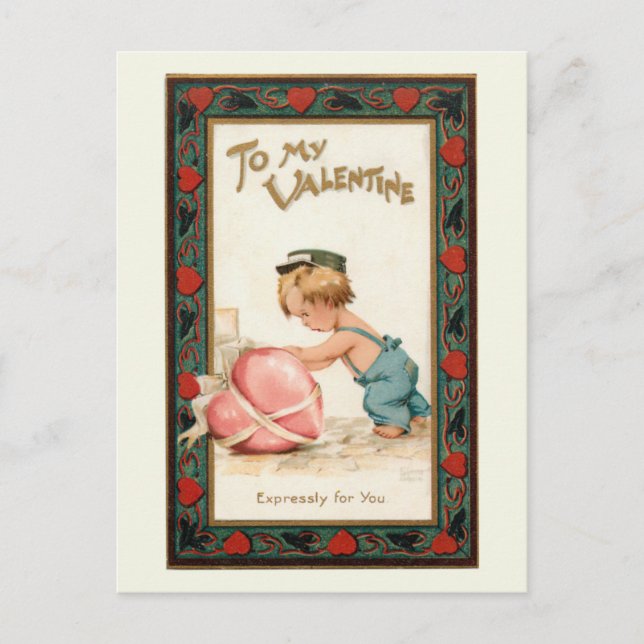 Cute Vintage Boy with Valentine Heart Postcard (Front)