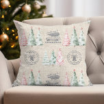 Cute Vintage Burlap Stamp Christmas Tree Pattern  Cushion<br><div class="desc">Introducing the Cute Vintage Burlap Stamp Christmas Tree Pattern Throw Pillow! This charming design features whimsical Christmas trees alongside a classic old car bringing home the perfect Christmas tree, all set against a rustic burlap-inspired background. The blend of vintage appeal and cute holiday elements creates a stylish, nostalgic look, ideal...</div>