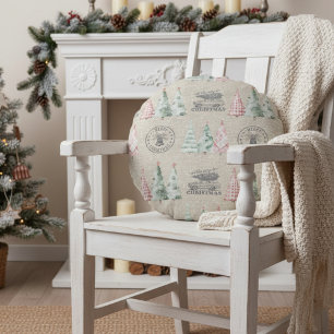 Cute Vintage Burlap Stamp Christmas Tree Pattern Round Cushion