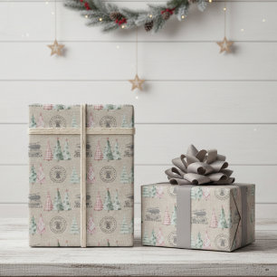 Cute Vintage Burlap Stamp Christmas Tree Pattern  Wrapping Paper