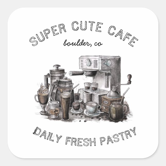 cute vintage cafe illustration monogram square sticker (Front)
