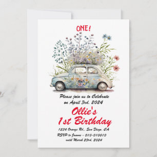 Cute Vintage Car 1st Birthday Party  Invitation