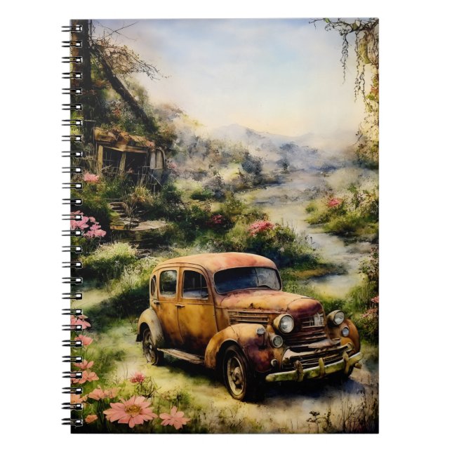 cute vintage car rusty flowers notebook (Front)