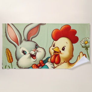 Cute, vintage cartoon Chicken & Rabbit Beach Towel